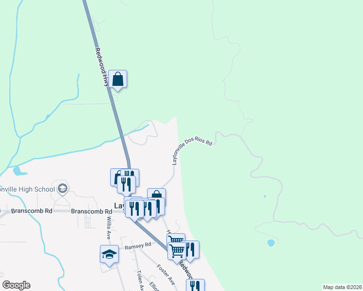 map of restaurants, bars, coffee shops, grocery stores, and more near 3490 Laytonville Dos Rios Road in Willits