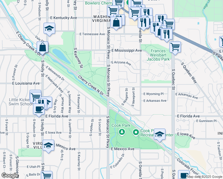map of restaurants, bars, coffee shops, grocery stores, and more near 97 South Monaco Parkway in Denver