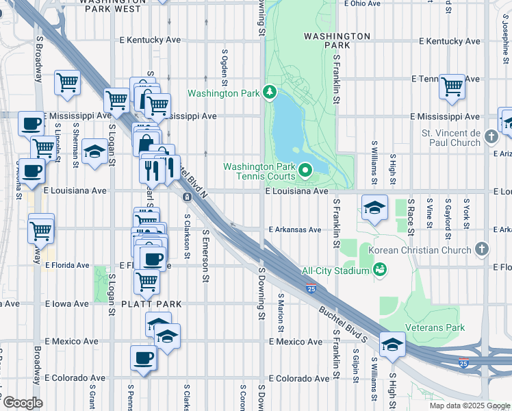 map of restaurants, bars, coffee shops, grocery stores, and more near 1300 South Corona Street in Denver
