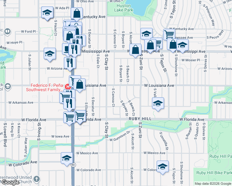 map of restaurants, bars, coffee shops, grocery stores, and more near 2658 West Louisiana Avenue in Denver