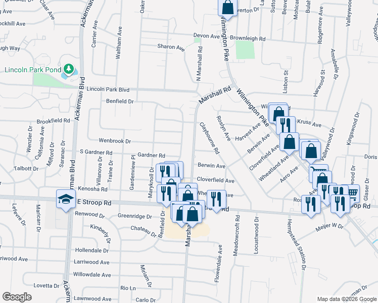 map of restaurants, bars, coffee shops, grocery stores, and more near 3729 Marshall Road in Dayton