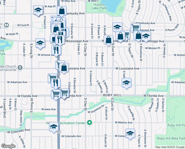 map of restaurants, bars, coffee shops, grocery stores, and more near 2658 West Louisiana Avenue in Denver
