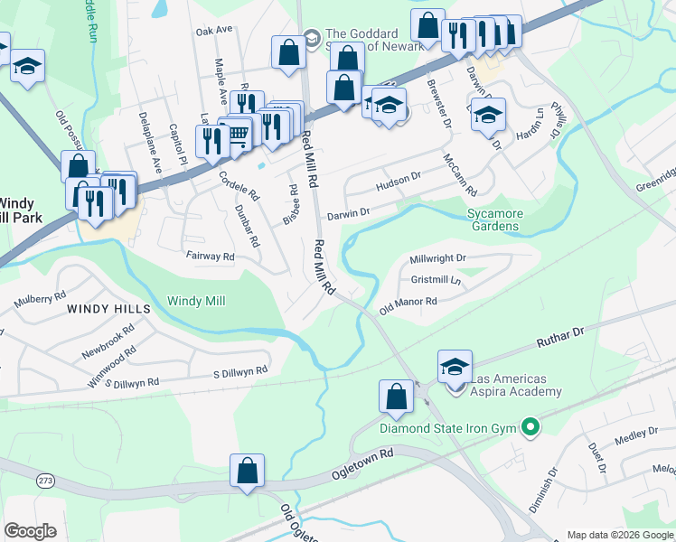 map of restaurants, bars, coffee shops, grocery stores, and more near 81 Red Mill Road in Newark