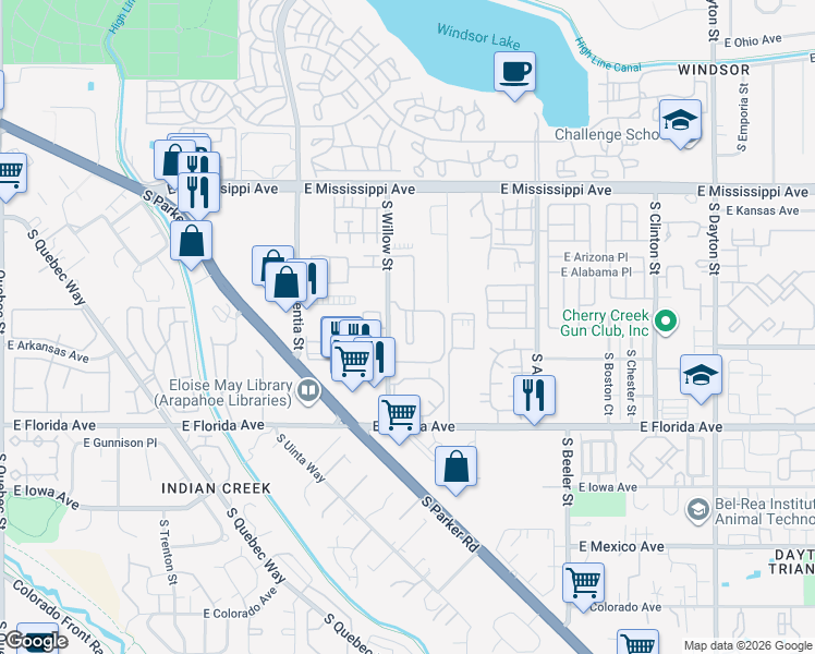 map of restaurants, bars, coffee shops, grocery stores, and more near 1300 South Willow Street in Denver