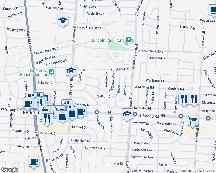 map of restaurants, bars, coffee shops, grocery stores, and more near 3737 California Avenue in Dayton