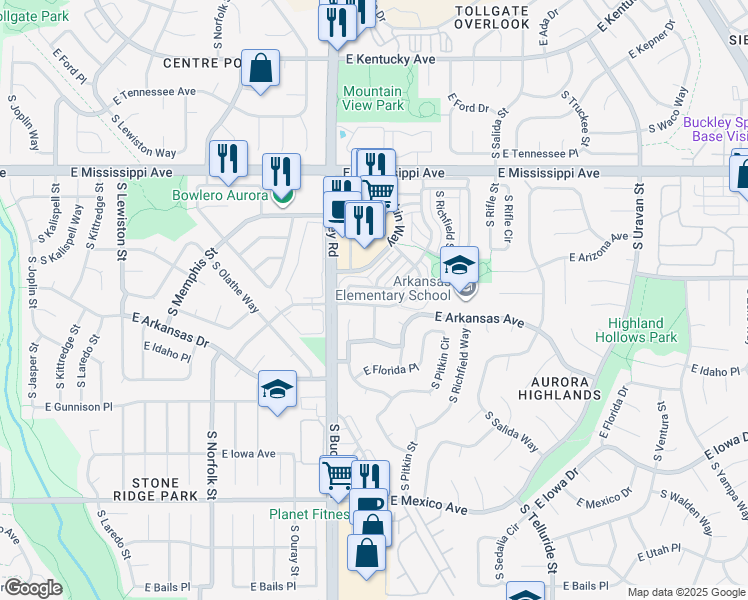map of restaurants, bars, coffee shops, grocery stores, and more near 17123 East Wyoming Drive in Aurora