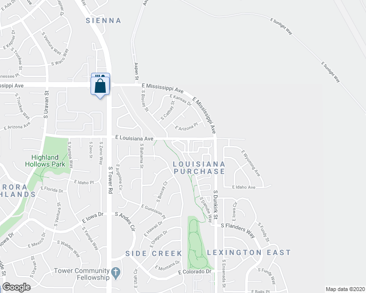 map of restaurants, bars, coffee shops, grocery stores, and more near 19009 East Louisiana Avenue in Aurora