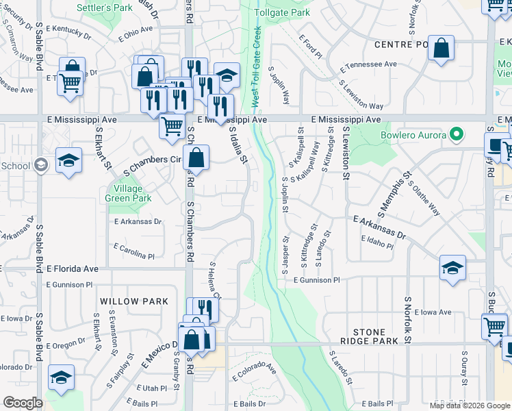 map of restaurants, bars, coffee shops, grocery stores, and more near 1264 South Idalia Street in Aurora