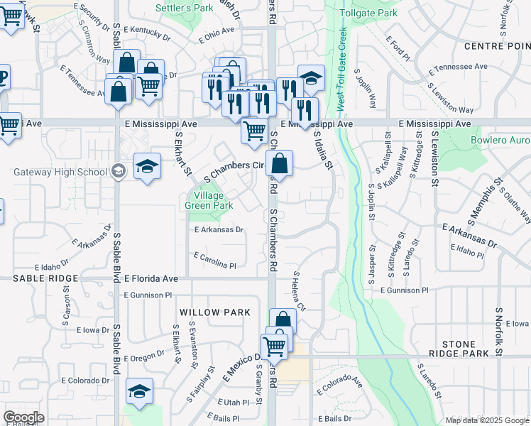 map of restaurants, bars, coffee shops, grocery stores, and more near 15178 East Louisiana Drive in Aurora