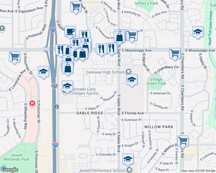 map of restaurants, bars, coffee shops, grocery stores, and more near 1301 South Crystal Way in Aurora