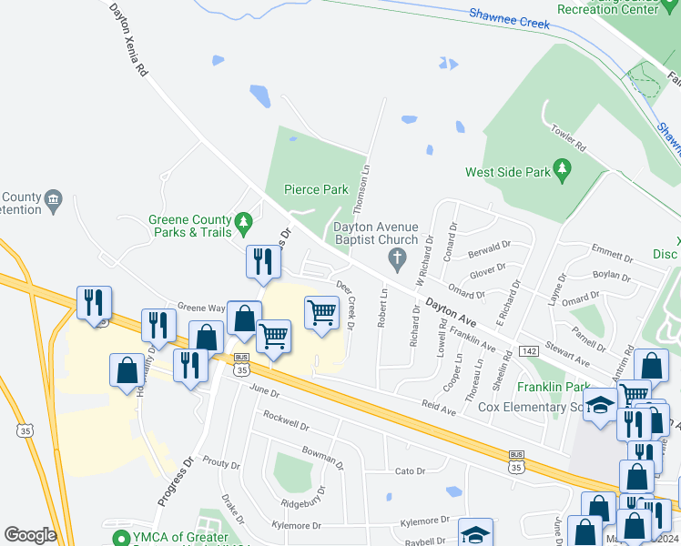 map of restaurants, bars, coffee shops, grocery stores, and more near 1700 Deer Creek Drive in Xenia