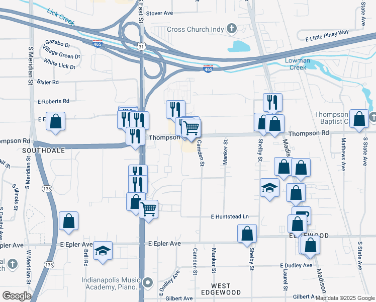 map of restaurants, bars, coffee shops, grocery stores, and more near 711 Thompson Road in Indianapolis