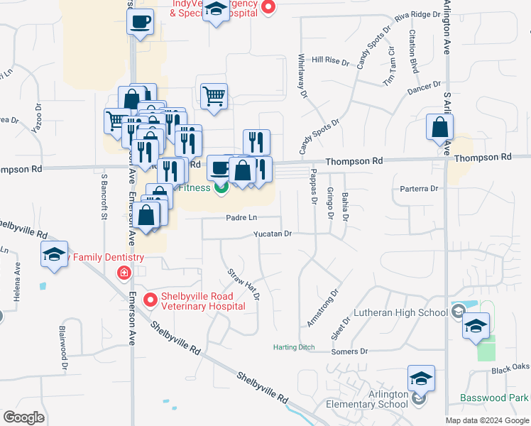 map of restaurants, bars, coffee shops, grocery stores, and more near 5462 Padre Lane in Indianapolis