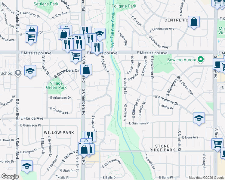 map of restaurants, bars, coffee shops, grocery stores, and more near 1264 South Idalia Street in Aurora