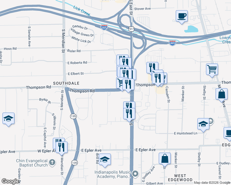 map of restaurants, bars, coffee shops, grocery stores, and more near 331 Thompson Road in Indianapolis
