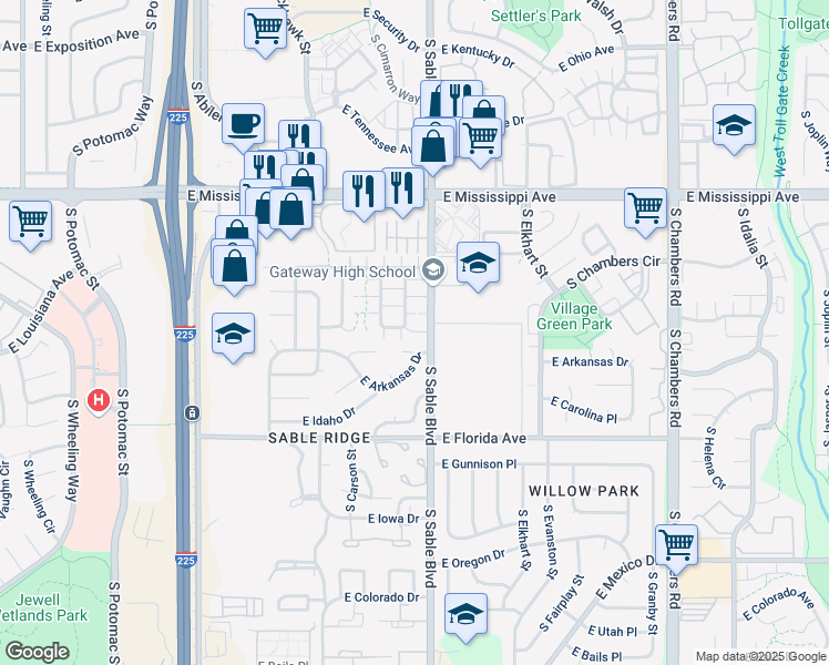map of restaurants, bars, coffee shops, grocery stores, and more near 1300 South Dillon Way in Aurora