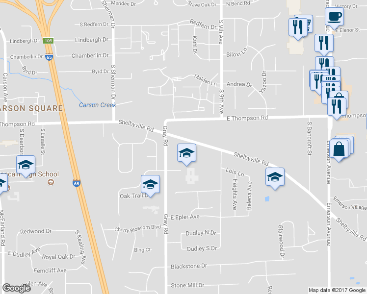 map of restaurants, bars, coffee shops, grocery stores, and more near 5133 Gray Road in Indianapolis