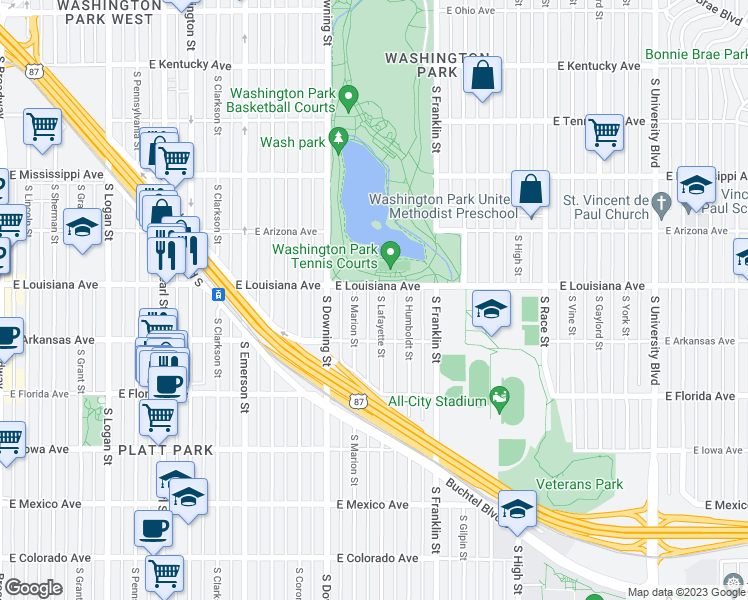 map of restaurants, bars, coffee shops, grocery stores, and more near 1323 South Lafayette Street in Denver