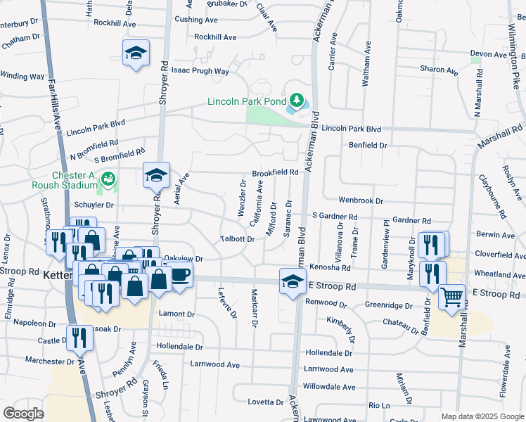 map of restaurants, bars, coffee shops, grocery stores, and more near 3737 California Avenue in Dayton