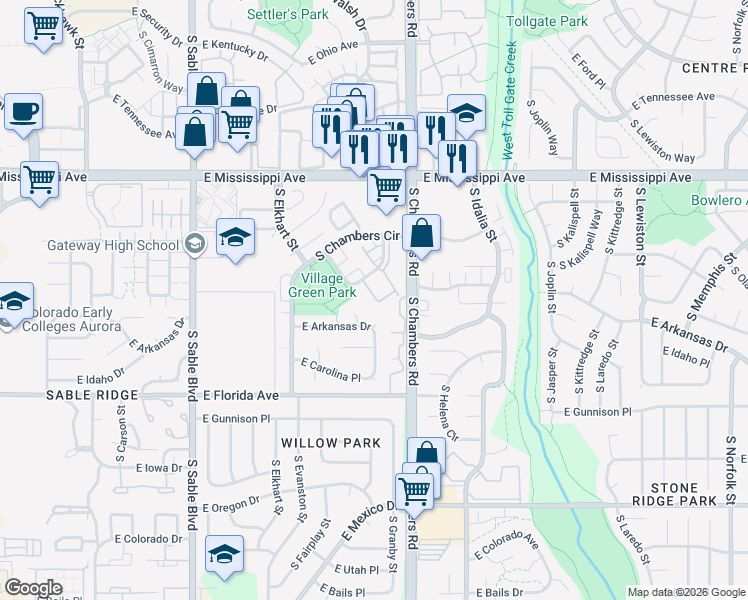 map of restaurants, bars, coffee shops, grocery stores, and more near 15178 East Louisiana Drive in Aurora