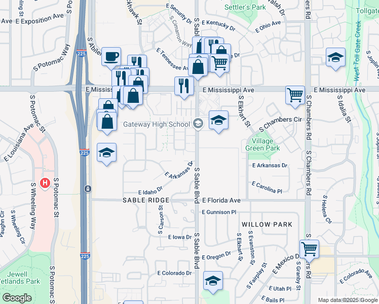map of restaurants, bars, coffee shops, grocery stores, and more near 1300 South Dillon Way in Aurora