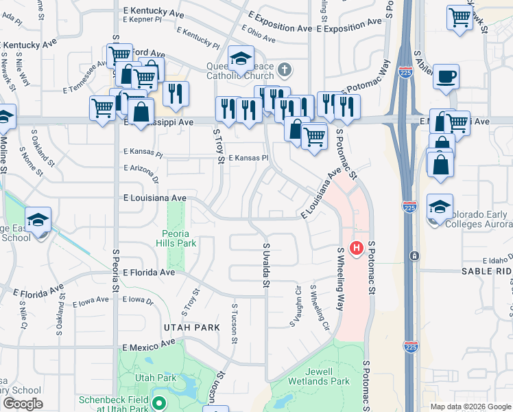 map of restaurants, bars, coffee shops, grocery stores, and more near 1238 South Uvalda Street in Aurora