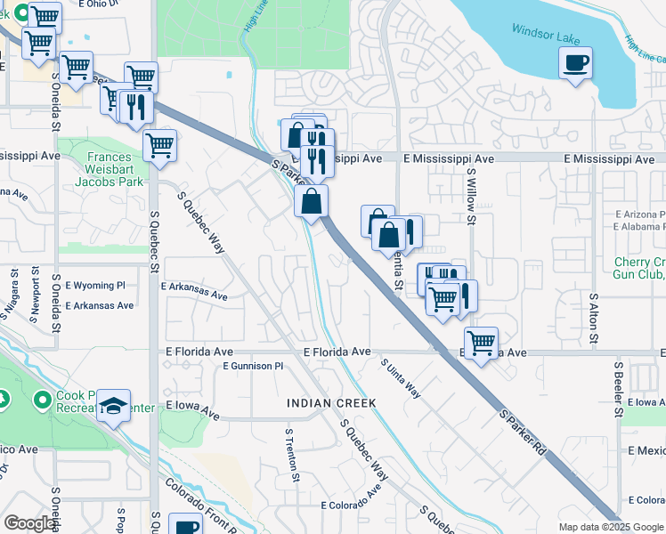 map of restaurants, bars, coffee shops, grocery stores, and more near 1291 South Ulster Street in Denver