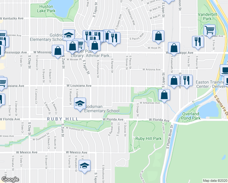 map of restaurants, bars, coffee shops, grocery stores, and more near 1301 South Raritan Street in Denver