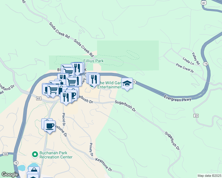 map of restaurants, bars, coffee shops, grocery stores, and more near 1210 Big Sky Court in Evergreen