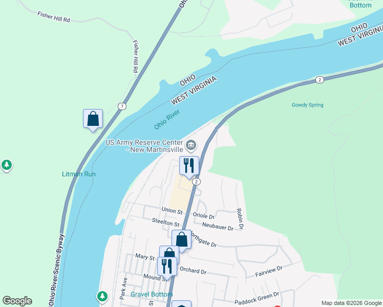 map of restaurants, bars, coffee shops, grocery stores, and more near 1291 West Virginia 2 in New Martinsville