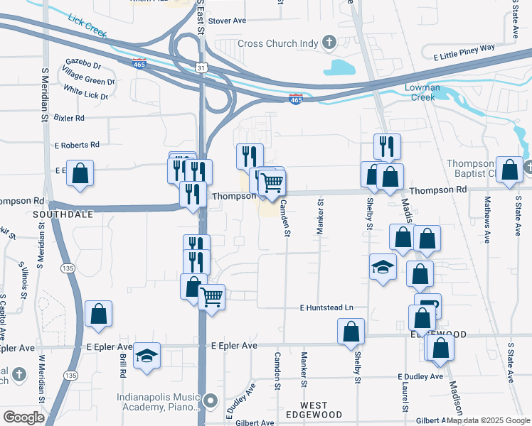 map of restaurants, bars, coffee shops, grocery stores, and more near 711 Thompson Road in Indianapolis
