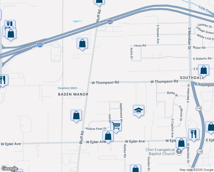 map of restaurants, bars, coffee shops, grocery stores, and more near 450 Thompson Road in Indianapolis