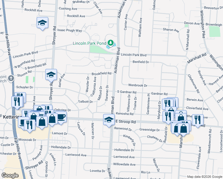 map of restaurants, bars, coffee shops, grocery stores, and more near 3737 Ackerman Boulevard in Dayton