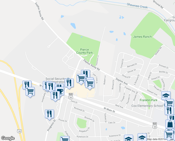 map of restaurants, bars, coffee shops, grocery stores, and more near 1700 Deer Creek Drive in Xenia