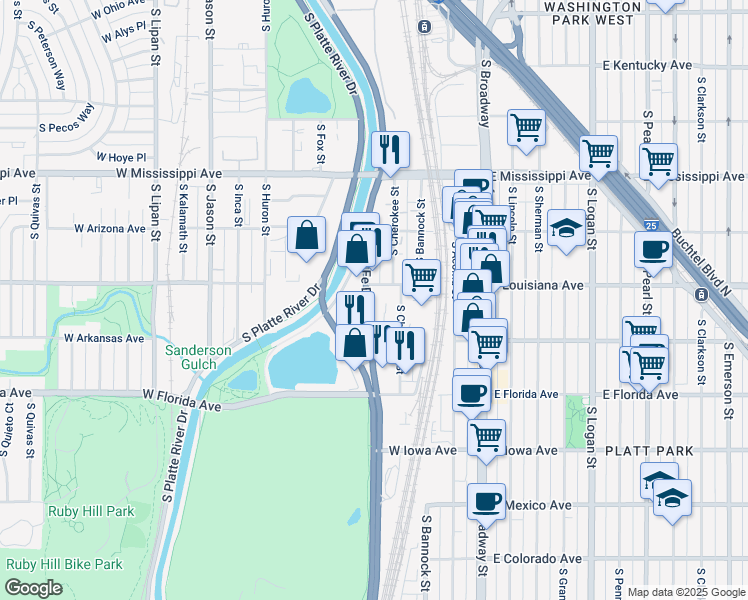 map of restaurants, bars, coffee shops, grocery stores, and more near 1304 South Santa Fe Drive in Denver