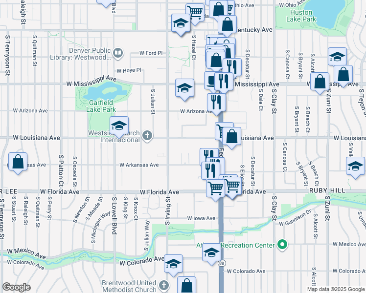 map of restaurants, bars, coffee shops, grocery stores, and more near 3190 West Louisiana Avenue in Denver