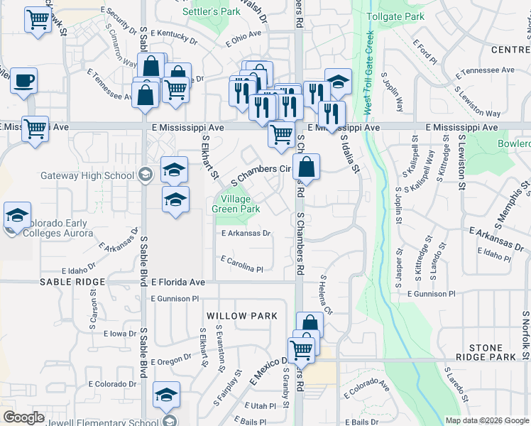 map of restaurants, bars, coffee shops, grocery stores, and more near 15106 East Louisiana Drive in Aurora