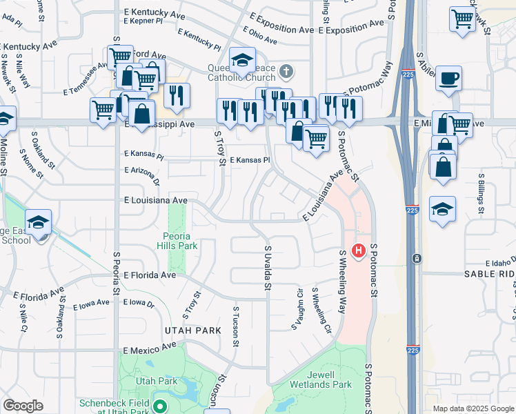 map of restaurants, bars, coffee shops, grocery stores, and more near 1238 South Uvalda Street in Aurora