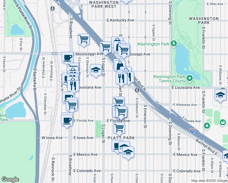 map of restaurants, bars, coffee shops, grocery stores, and more near 1295 South Pennsylvania Street in Denver