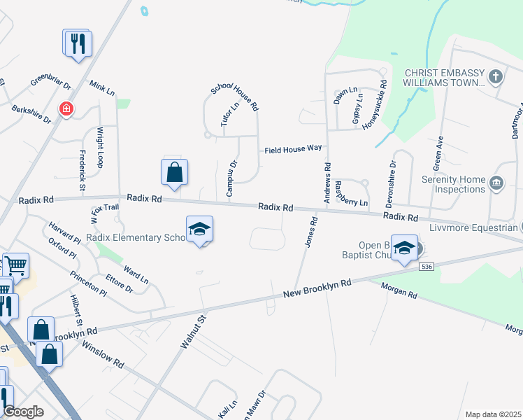 map of restaurants, bars, coffee shops, grocery stores, and more near 419 Radix Road in Monroe Township