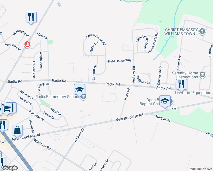 map of restaurants, bars, coffee shops, grocery stores, and more near 419 Radix Road in Monroe Township