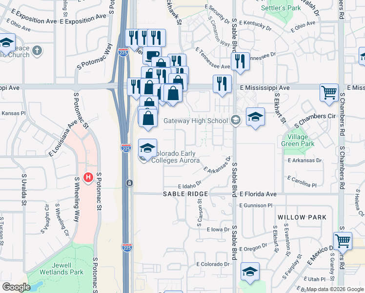 map of restaurants, bars, coffee shops, grocery stores, and more near 1302 South Billings Street in Aurora
