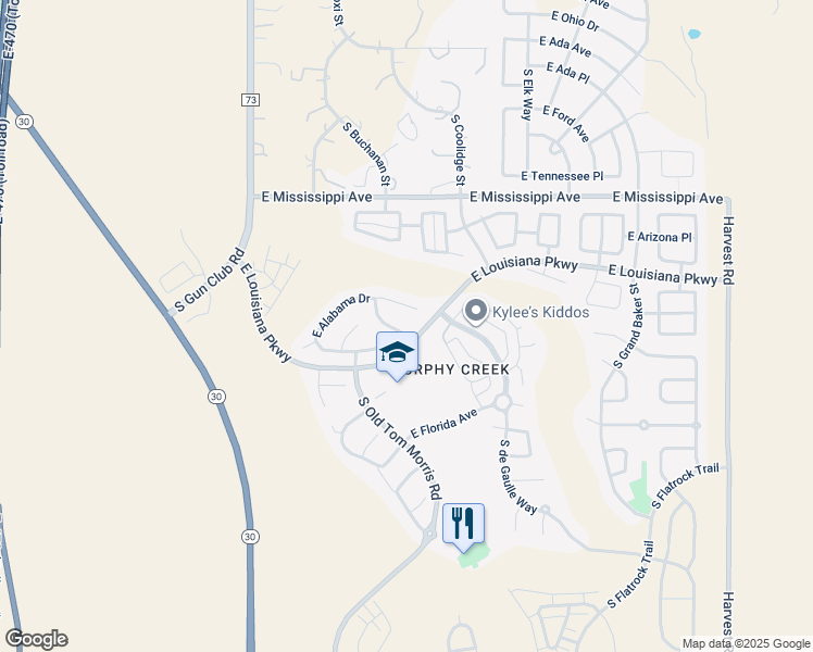 map of restaurants, bars, coffee shops, grocery stores, and more near 23842 East Alabama Drive in Aurora