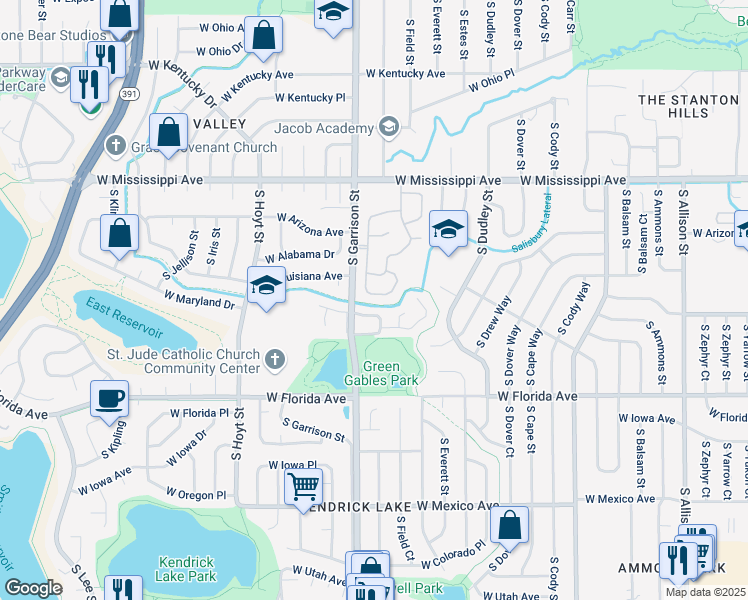 map of restaurants, bars, coffee shops, grocery stores, and more near 1237 South Flower Circle in Lakewood