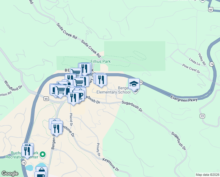 map of restaurants, bars, coffee shops, grocery stores, and more near 1234 Red Lodge Drive in Evergreen