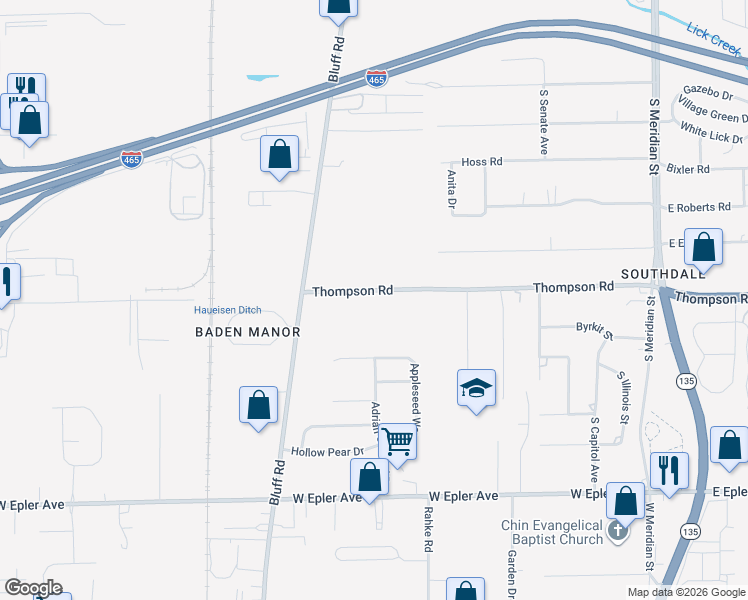map of restaurants, bars, coffee shops, grocery stores, and more near 450 Thompson Road in Indianapolis