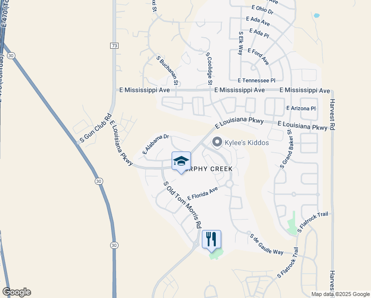 map of restaurants, bars, coffee shops, grocery stores, and more near 23842 East Alabama Drive in Aurora