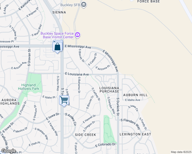 map of restaurants, bars, coffee shops, grocery stores, and more near 19009 East Louisiana Avenue in Aurora