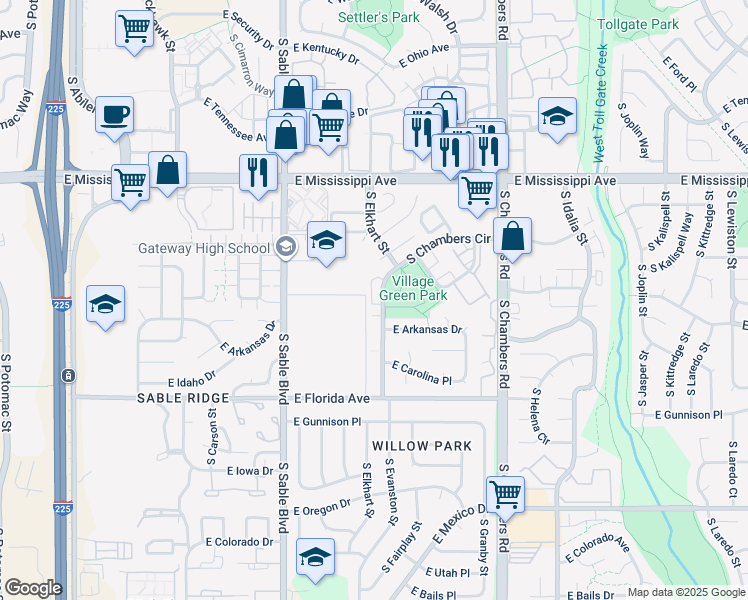 map of restaurants, bars, coffee shops, grocery stores, and more near 1309 South Chambers Circle in Aurora