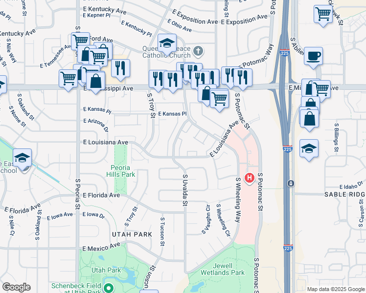 map of restaurants, bars, coffee shops, grocery stores, and more near 1238 South Uvalda Street in Aurora